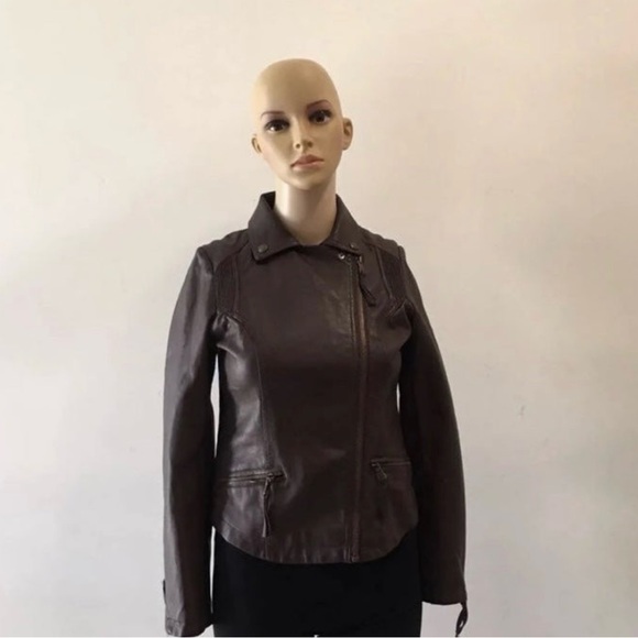 Jessica Simpson Brown Collared Girls Leather Jacket - Picture 7 of 11